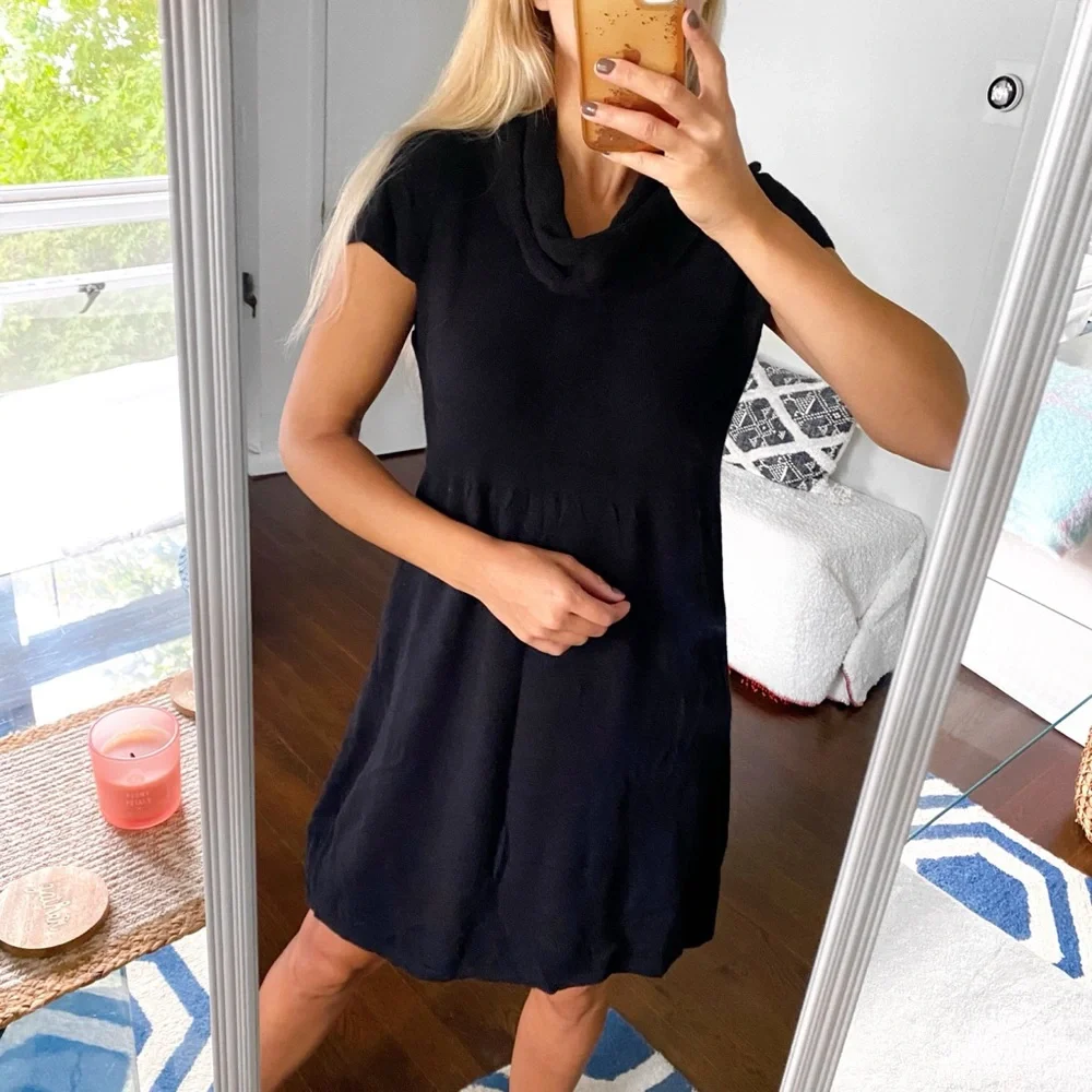 🖤 TAIFUN BLACK KNIT COWL NECK SHORT SLEEVE DRESS!